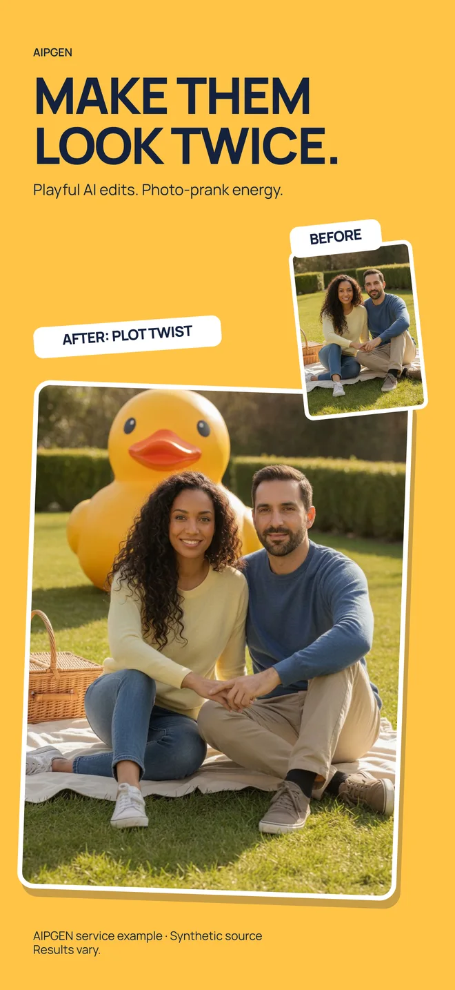 Before and after: a giant yellow duck added behind a couple